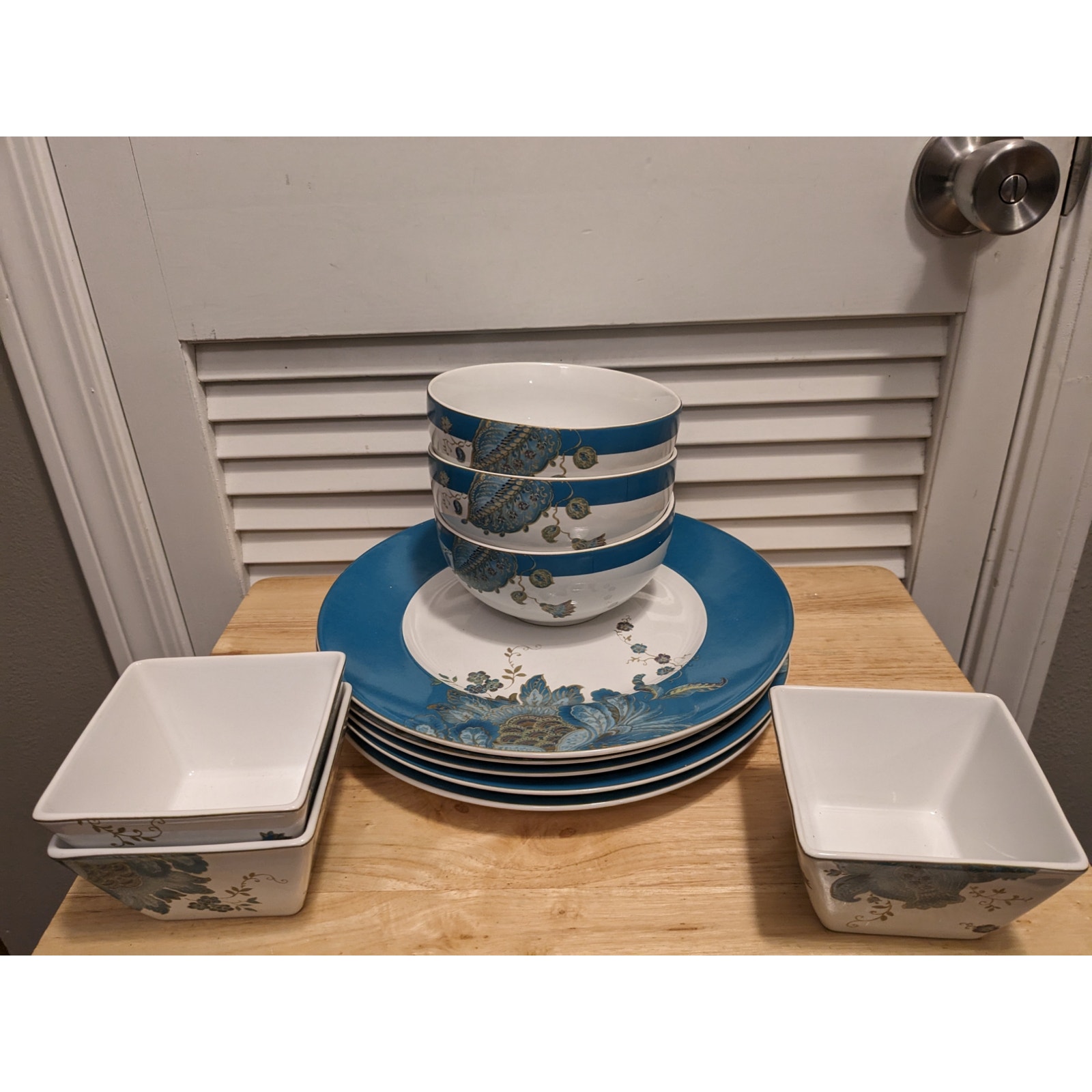 222 Fifth Eliza Teal square melamine floral dinner set plates bowls 11 pieces