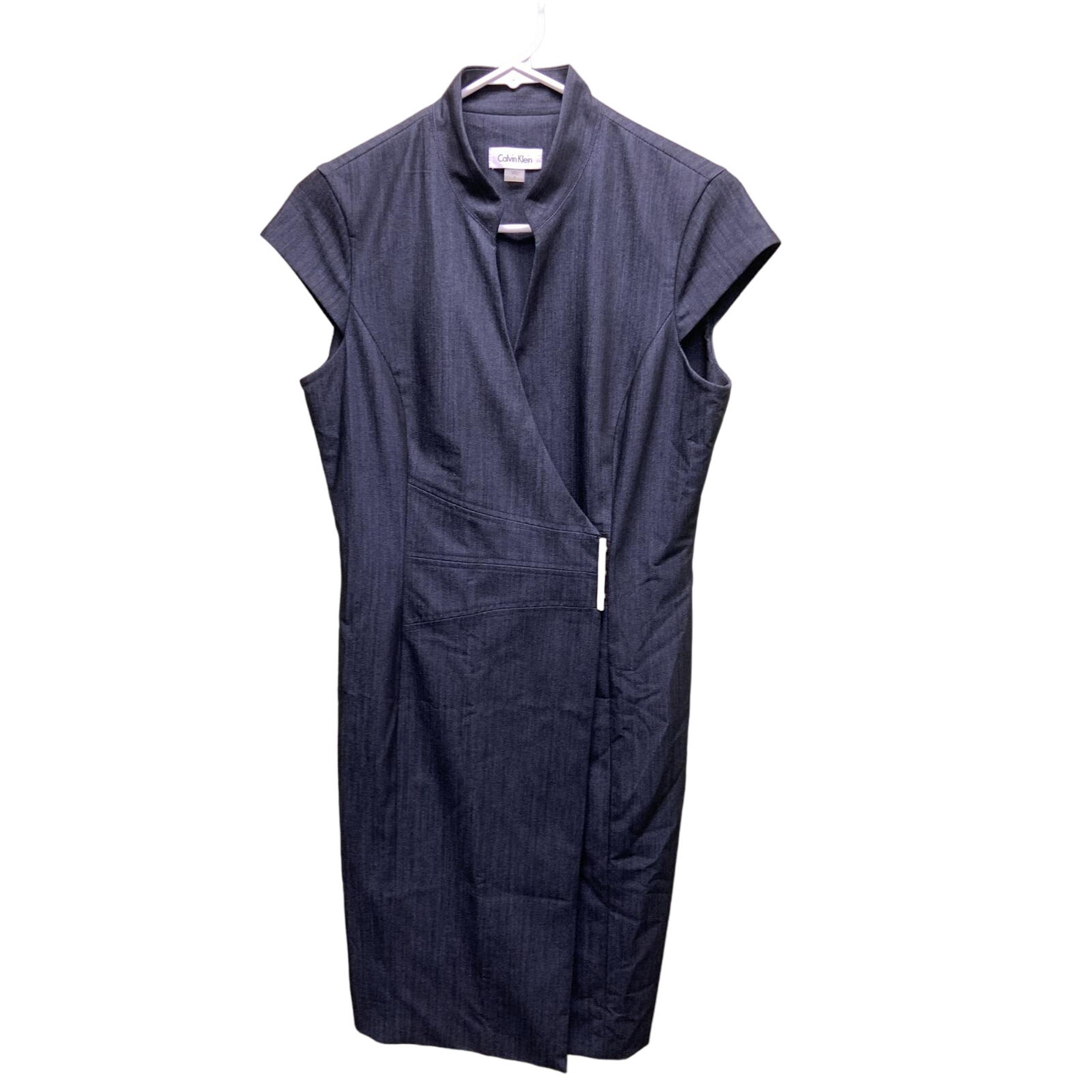 Calvin Klein Blue V-Neck Wrap Cap Sleeve Dress Size 8 Career Wear