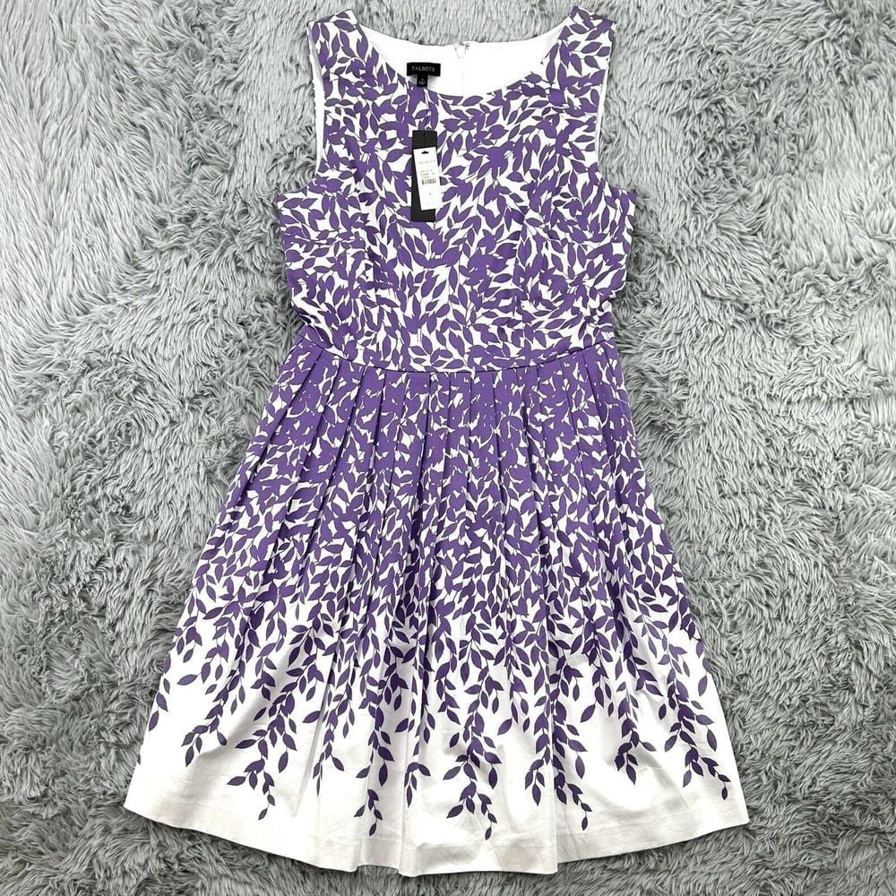 Talbots Dress Women's 4 Purple Floral AOP Sleeveless Fit Flare Preppy Classy NWT