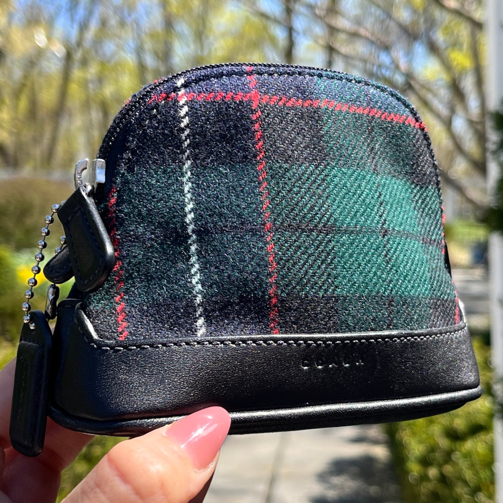 New Coach Small Handheld Zip Around Domed Pouch in Tartan Plaid