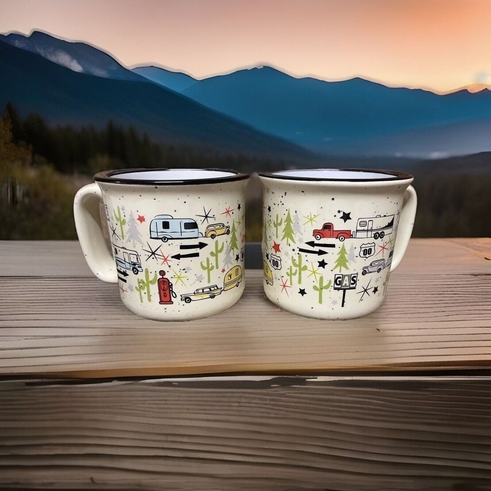 Two Camp Casual 15oz Coffee Mug Wanderlust White Retro Style RV Camper Camping