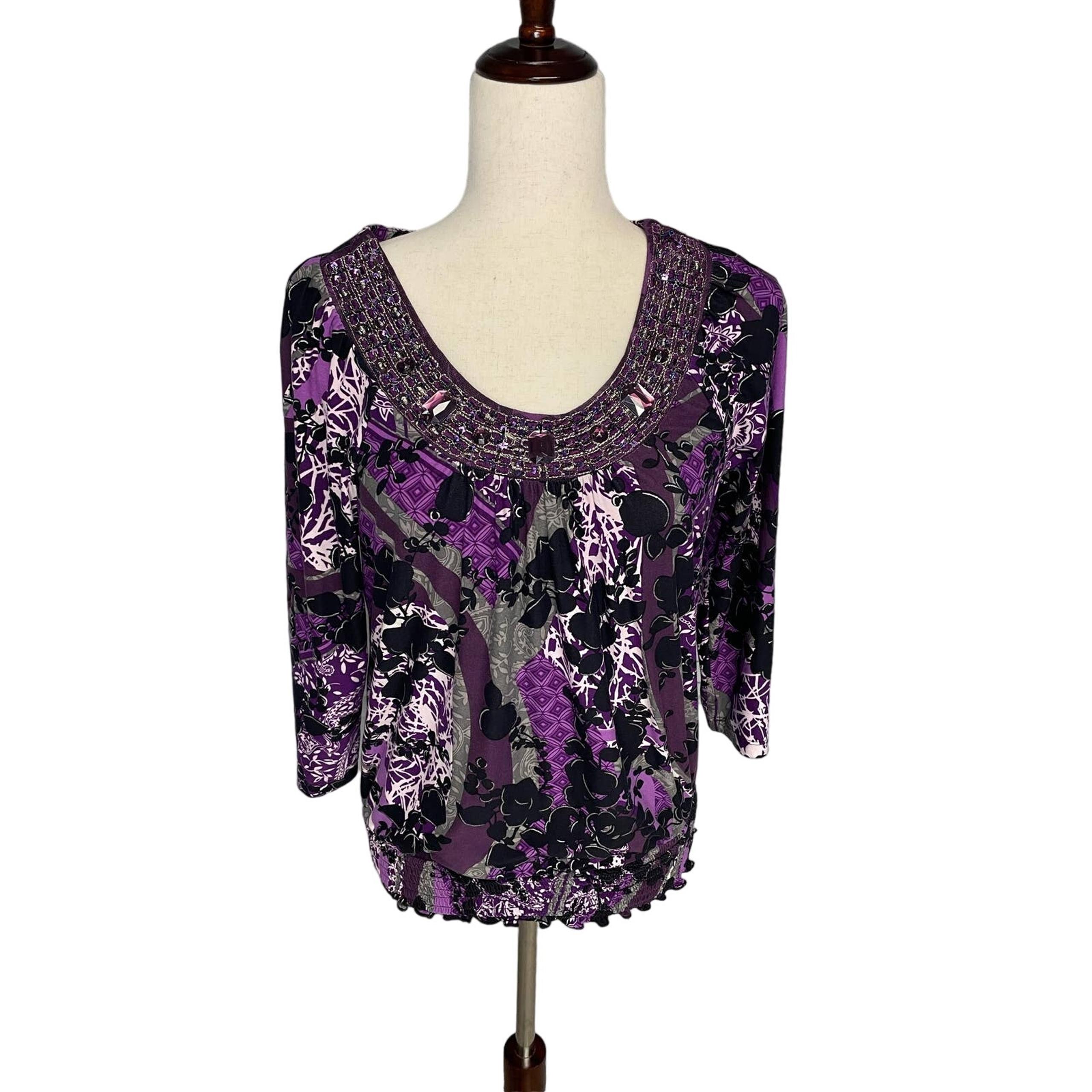 Cocomo beaded purple silver black 3/4 sleeve shirt blouse women's small