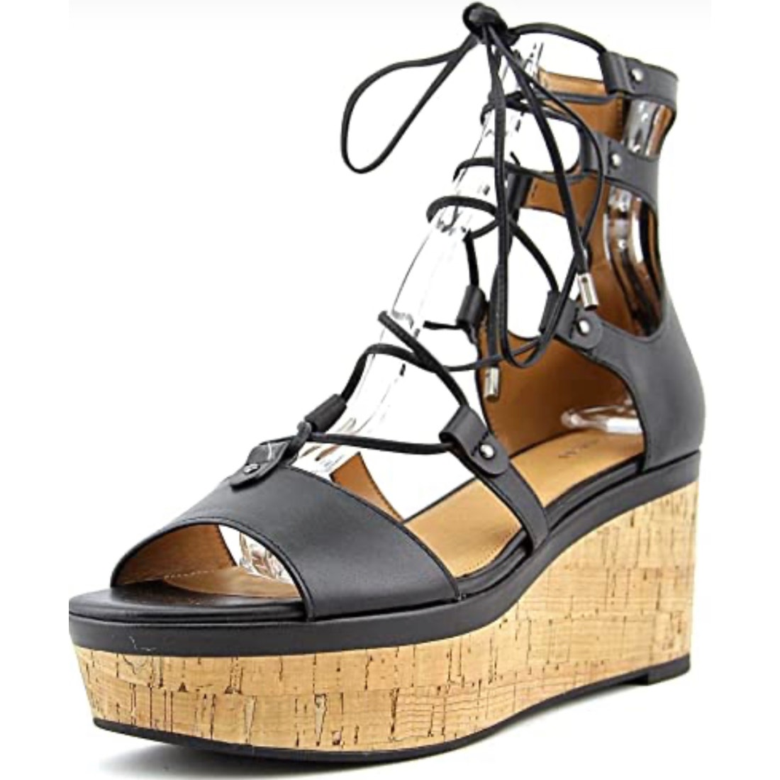 Coach Barkley Open Toe Wedge Platform Black Leather Lace Up Sandals sz 10 B