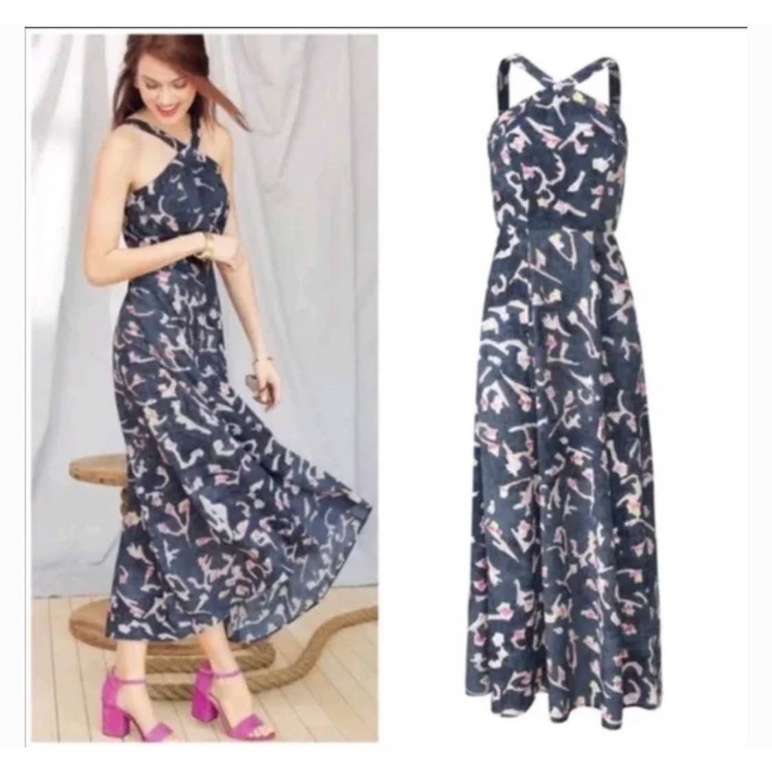 CAbi Womens Dress Aurora Halter Floral Watercolor Maxi