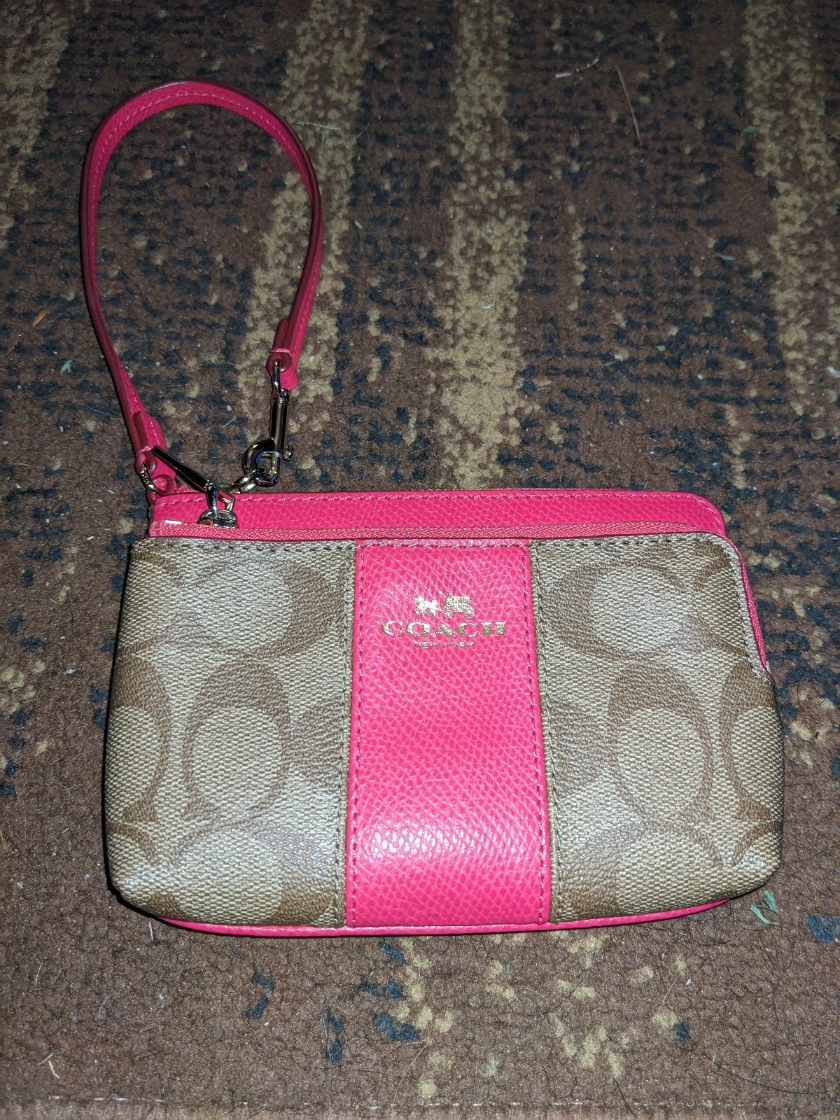 Coach Signature Wristlet Tan Canvas Pink Fuchsia Wallet
