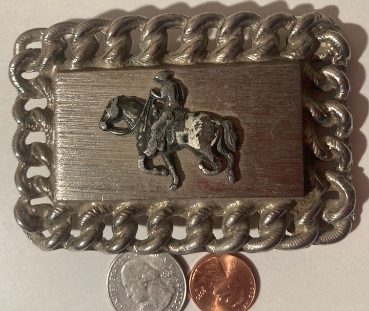 Vintage Metal Belt Buckle, Horse, Cowboy, Very Thick Metal, 3 1/2 x 2 1/2