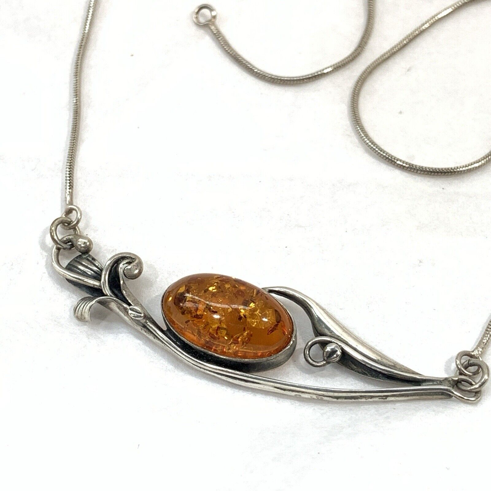 Handcrafted Sterling Silver 925 Hand Wrought Amber Necklace Flower Vine 11g 17