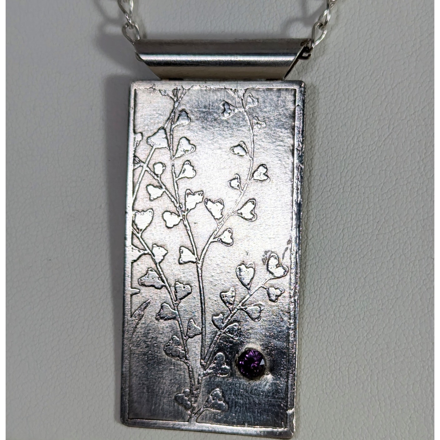 Sterling silver Etched Pendant +Amethyst 1x 21/8 Lightly oxodized' 24 Sp chain