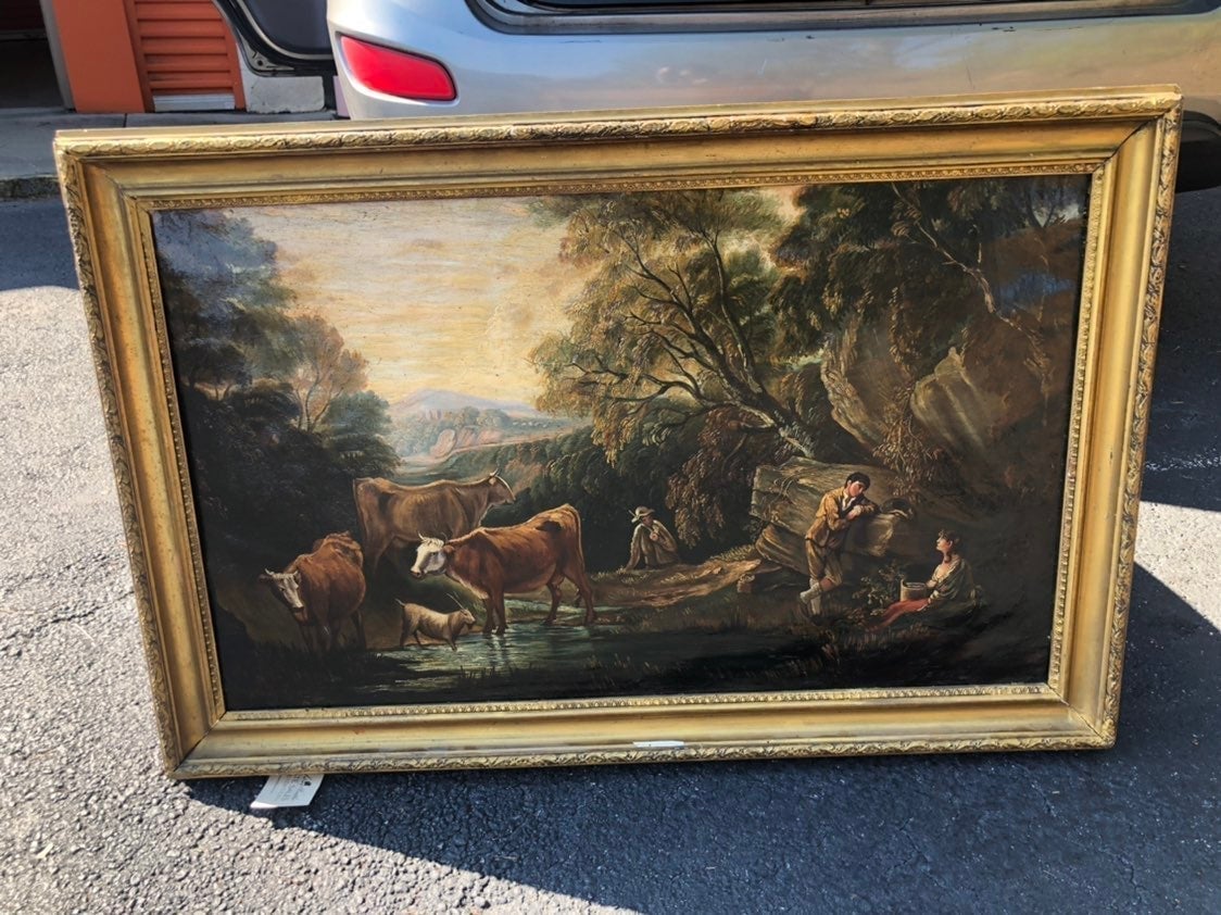 Vintage oil painting cows grazing