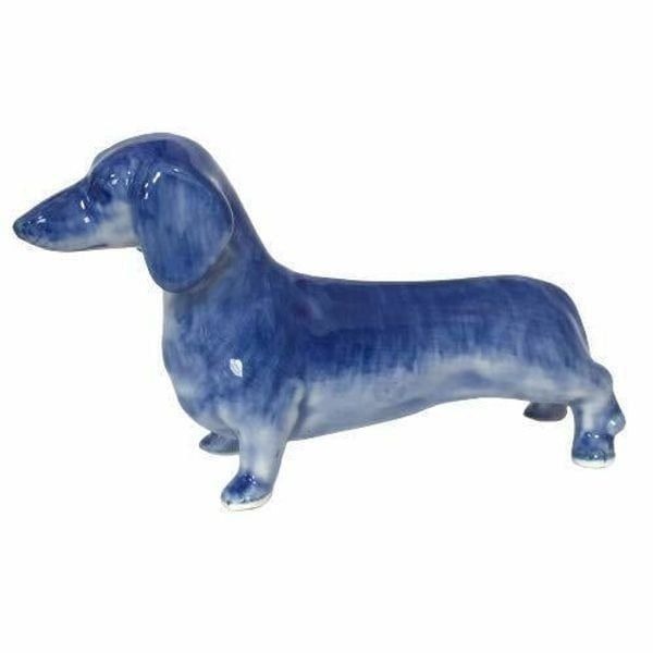 Ceramic Dachshund Dog Figurine Dollhouse Delft Blue White Collectible Miniature