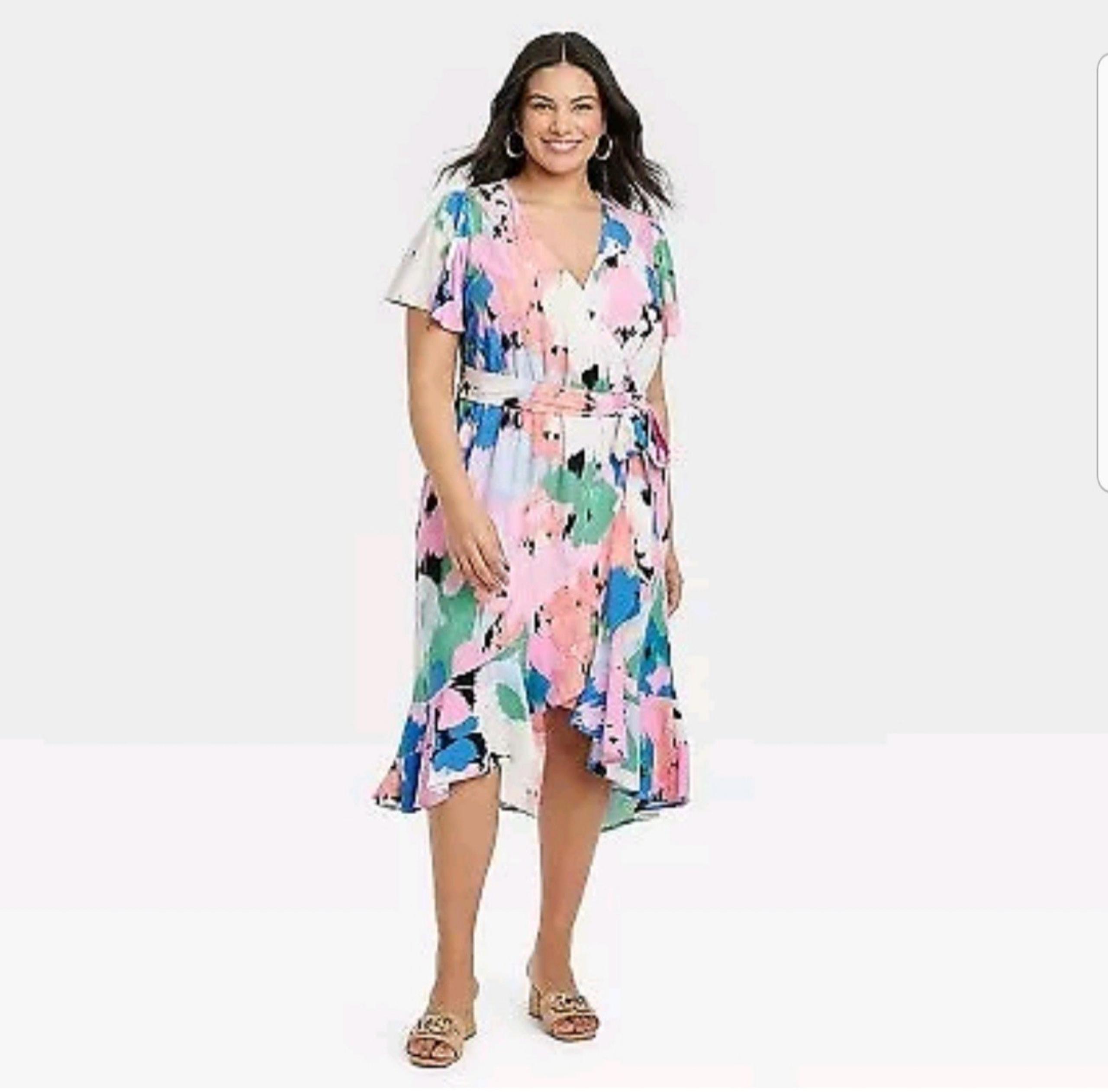 Women's Flutter Short Sleeve Midi Wrap Dress - Ava & Viv Abstract Floral XXL