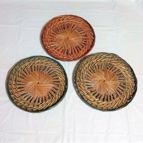 Vintage Three Lg. 15 Wicker Wall Baskets Two Green Trim One Red Trim