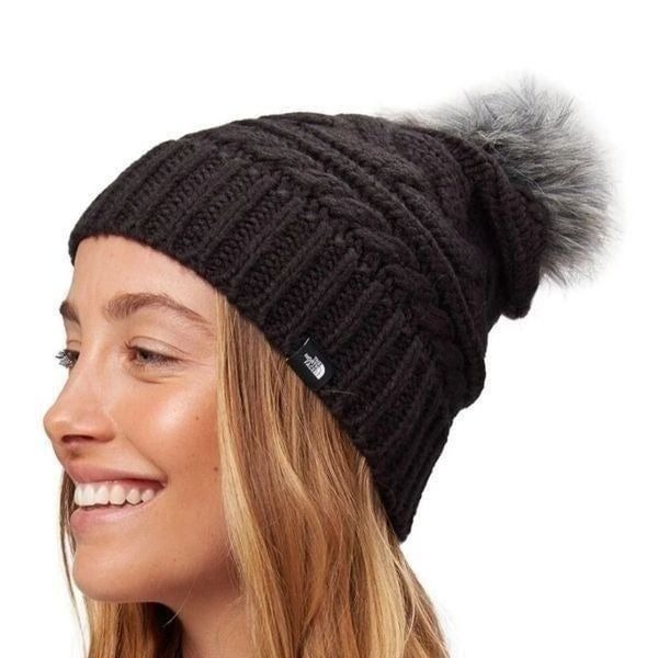 The North Face black Triple Cable Winter Faux Fur Pom Pom Beanie Hat wom…