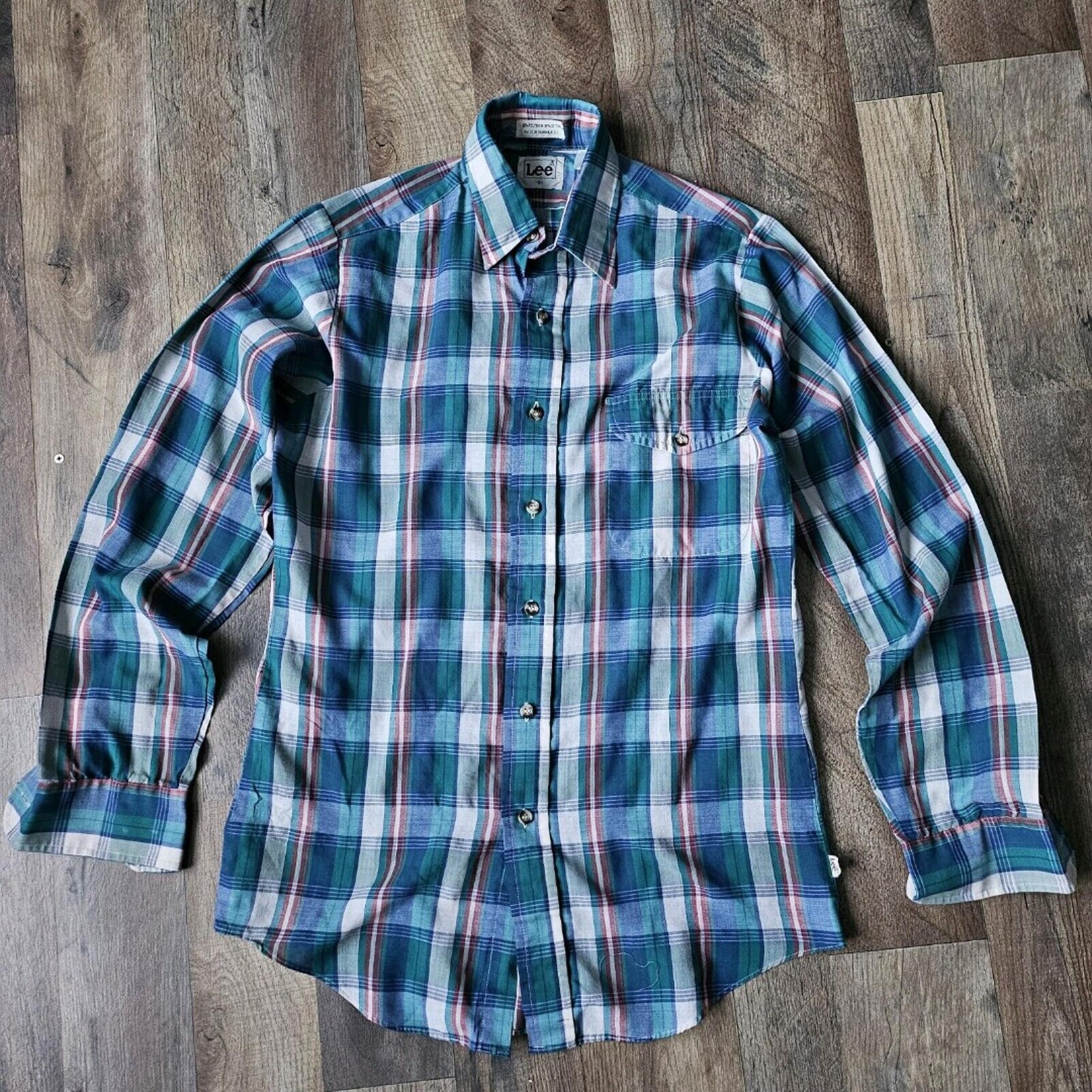 Vintage Lee Shirt Adult S Red Green Blue Plaid Long Sleeve Button Front Mens