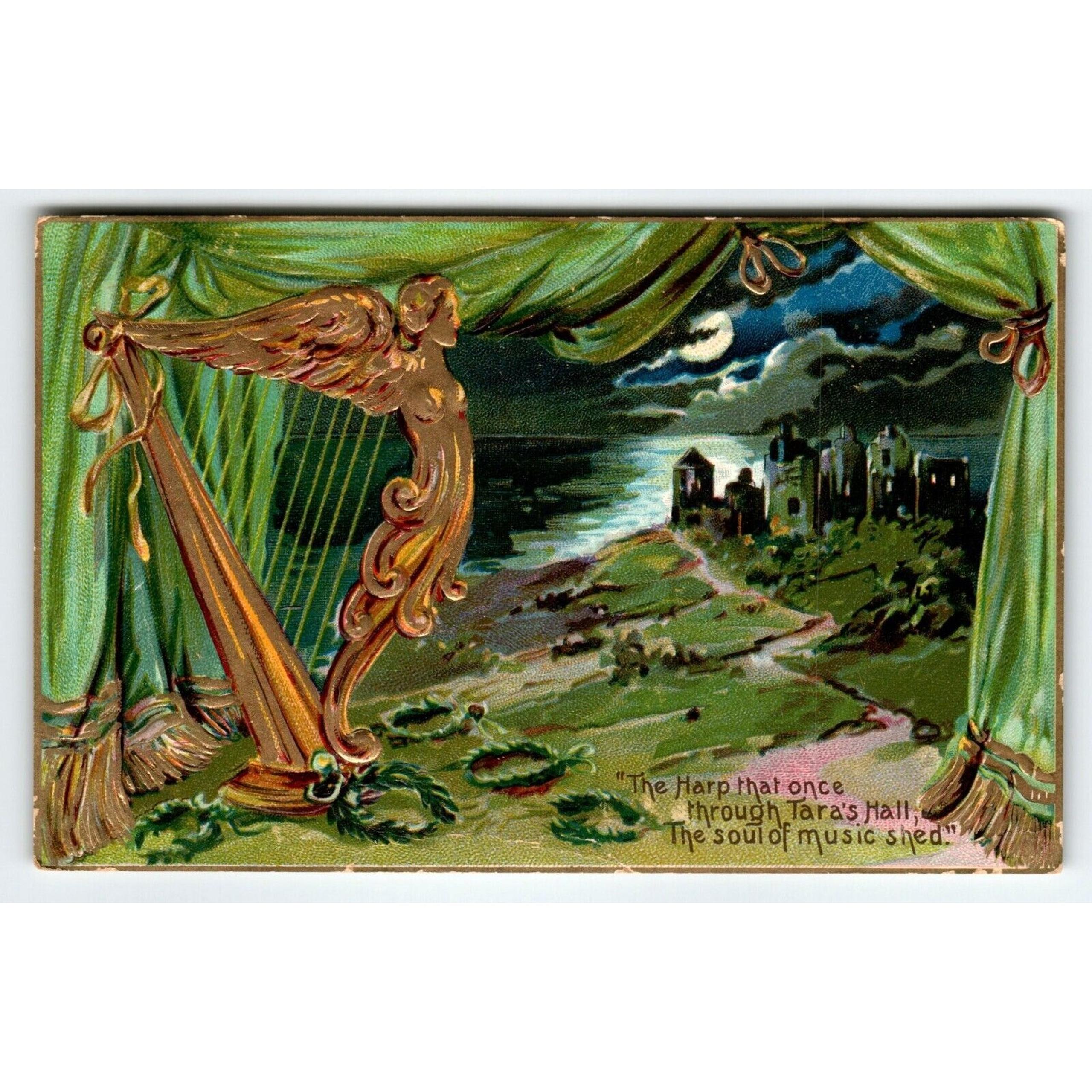 St Patrick's Day Postcard Irish Greeting Tuck Harp Moon Castle Emerald Isle 1911