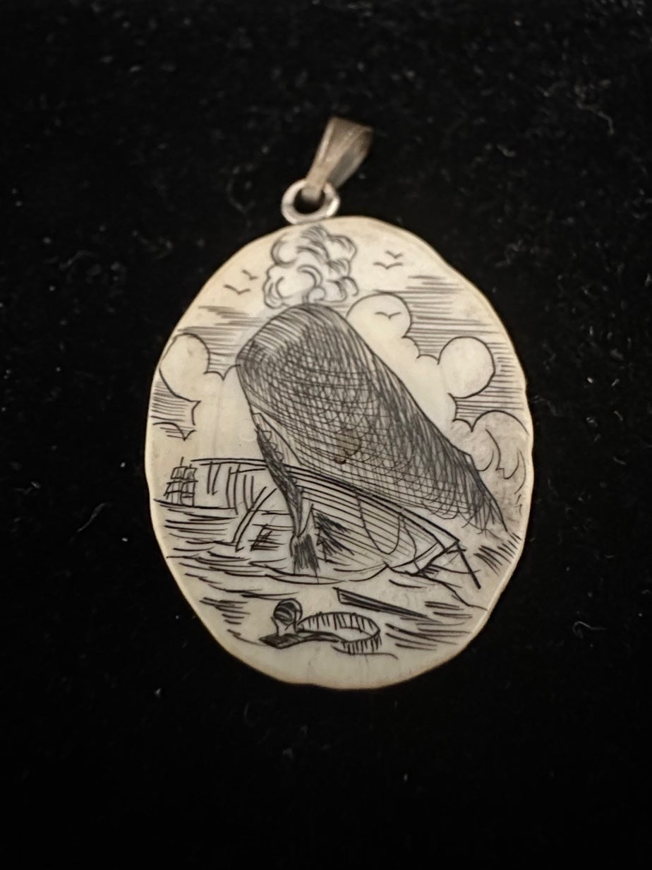 Carved Scrimshaw Bovine Bone Whale Pendant