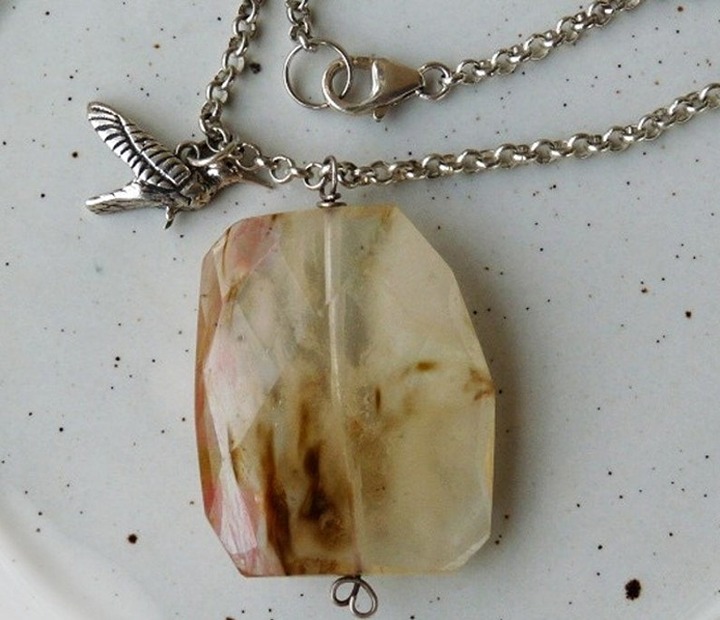 Rutilated Quartz neckalce with Bird Charm Golden rutilated quartz pendant Sterli