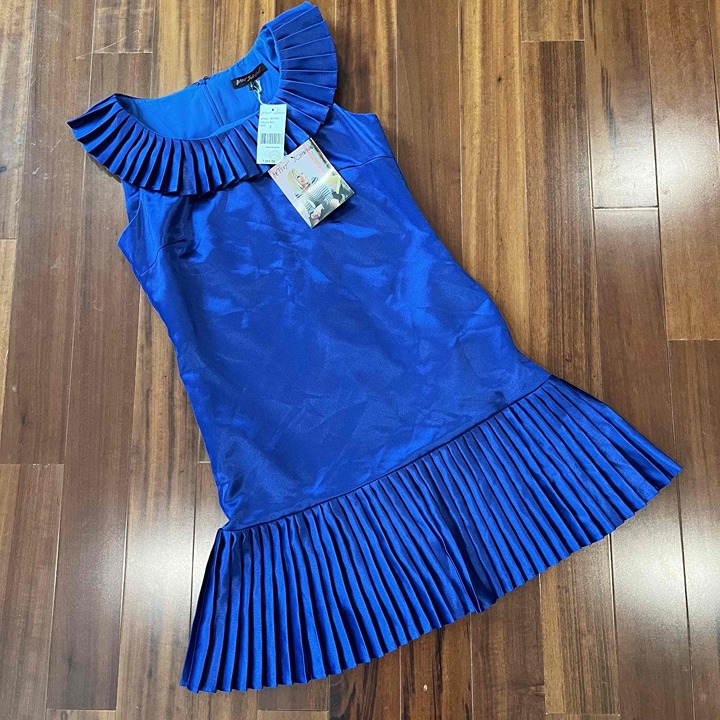 New NWT Betsey Johnson Royal Blue Dress Pleated Ruffle Neck Sleeveless Size 2