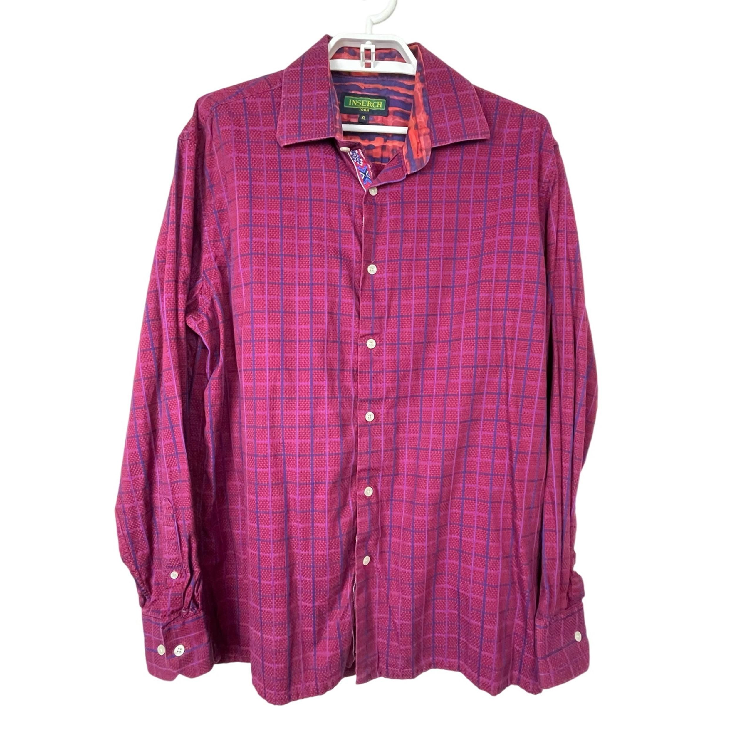INSERCH Men's Long Sleeve Red Blue Plaid Shirt 100% Cotton Size XL Button Up