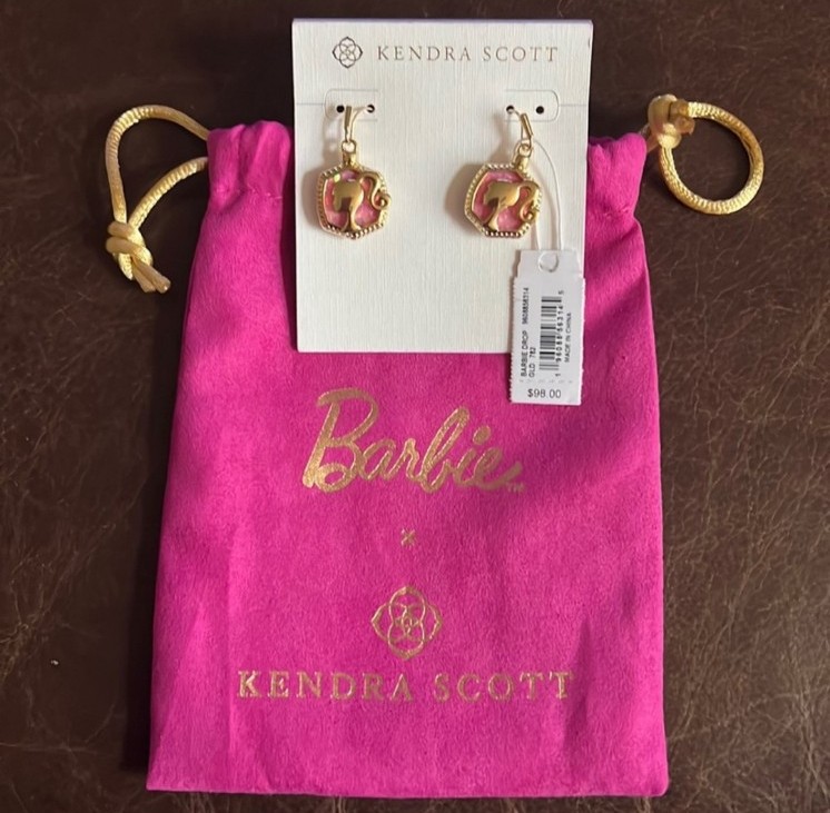 KENDRA SCOTT x BARBIE Drop Earrings in Pink Iridescent Glitter Glass NWT
