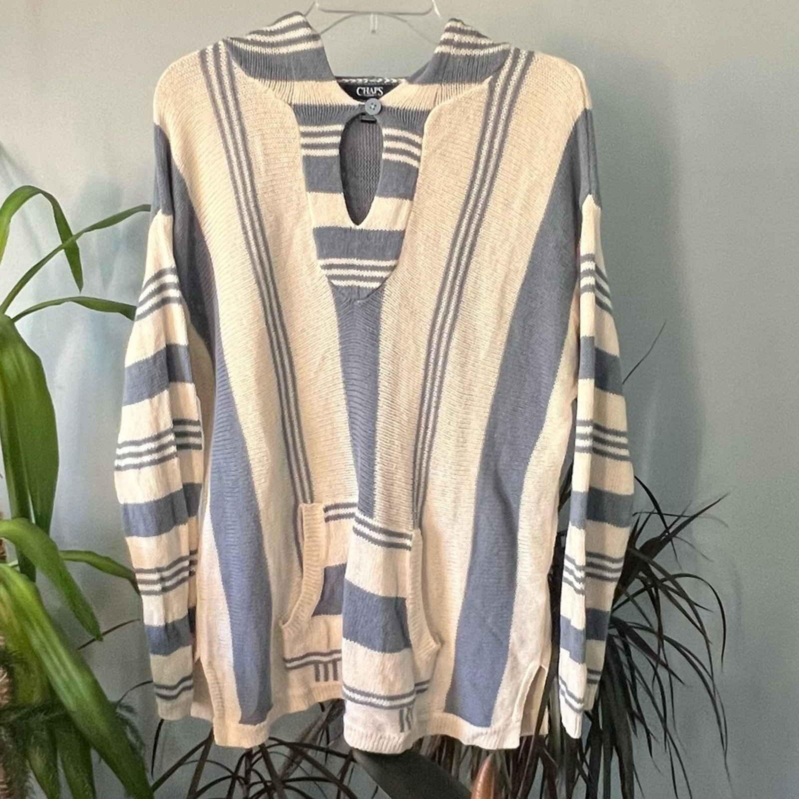 Poncho sweater -Chaps, hoodie, blue and cream lightweight pullover Sz XL
