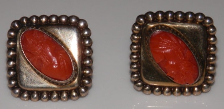 Vintage Sterling Carved Coral Earrings