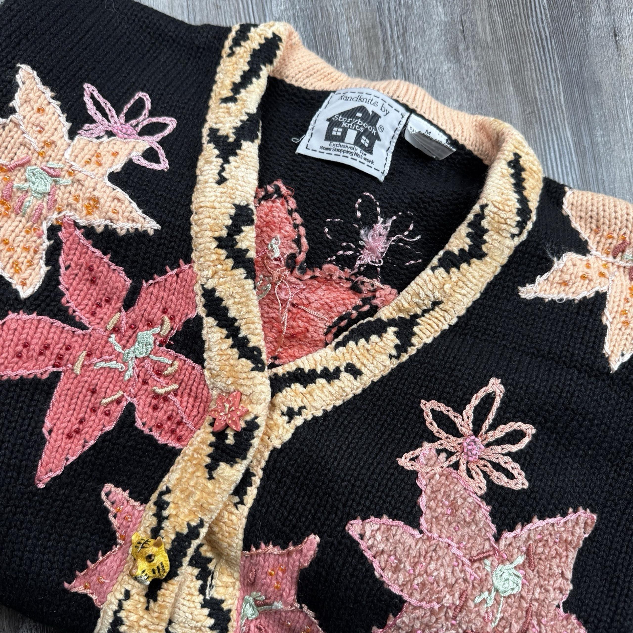 Vintage Storybook Knits Women's Medium Cardigan Tiger Lilly Tiger Trim Black