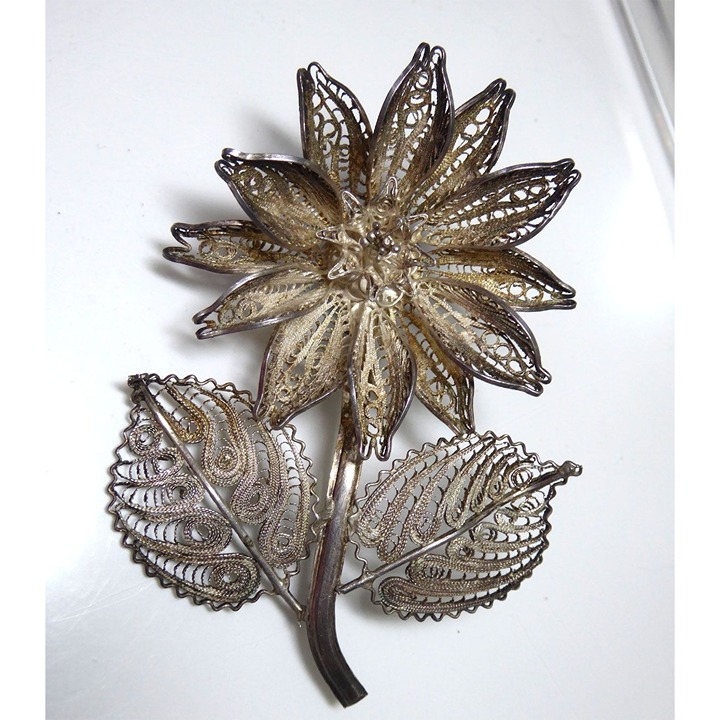 Large Vintage Mexican Sterling Silver Cannetille Filigree Flower Brooch