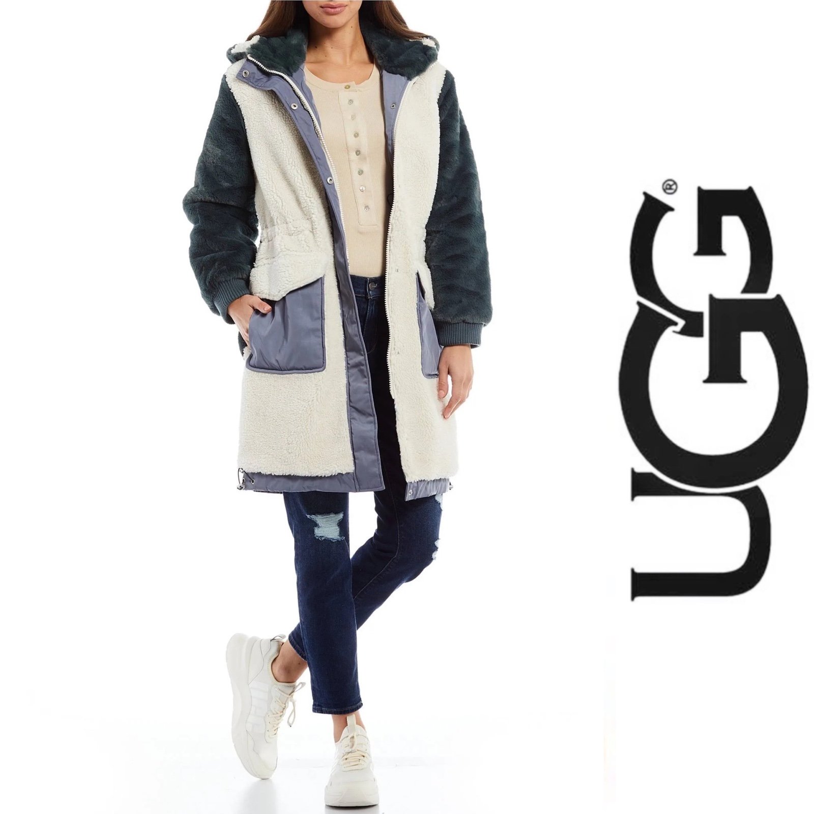 Ugg Faux Fur oversized block color hooded Long Coat*NWT
