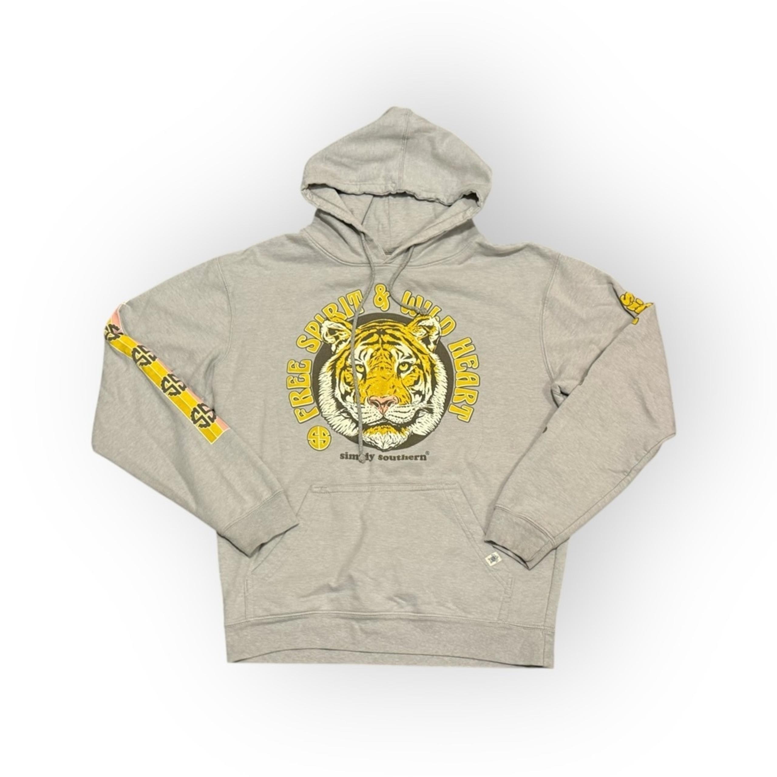 Simply Southern Womens Hoodie Heather Gray Tiger Graphic Fleece Sweatshirt Sz L