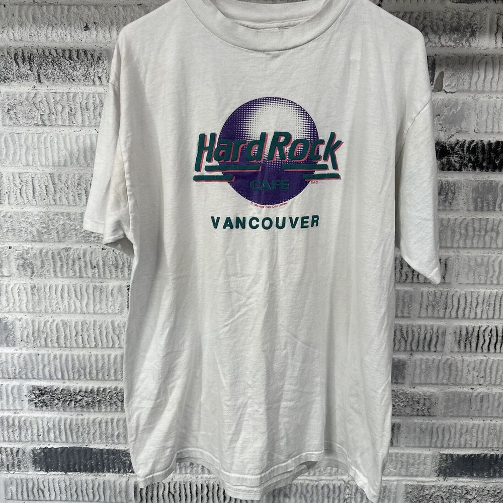 Vintage Hard Rock Cafe T-Shirt XL White Teal Purple Vancouver Canada 1989 Flaw