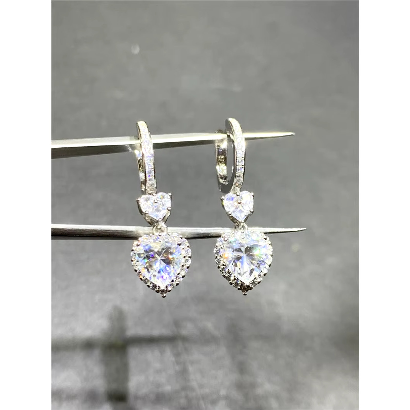 Moissanite Heart Dangle Earrings, VVS1 Brilliant Cut Moissanite Earrings,
