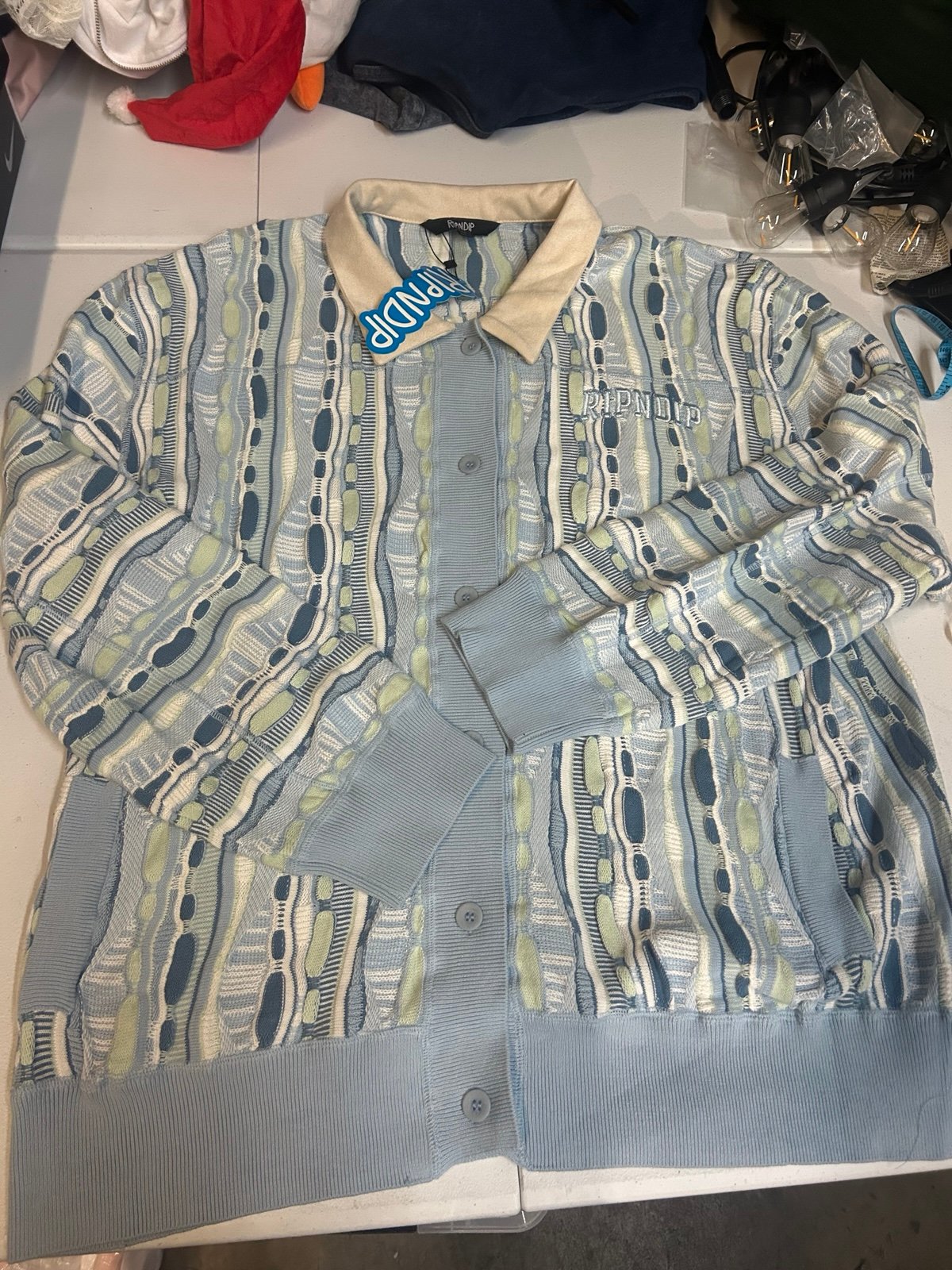 RIPNDIP CORDED BUTTON UP JACKET embroidered sweater coogi style (LIGHT BLUE) XXL