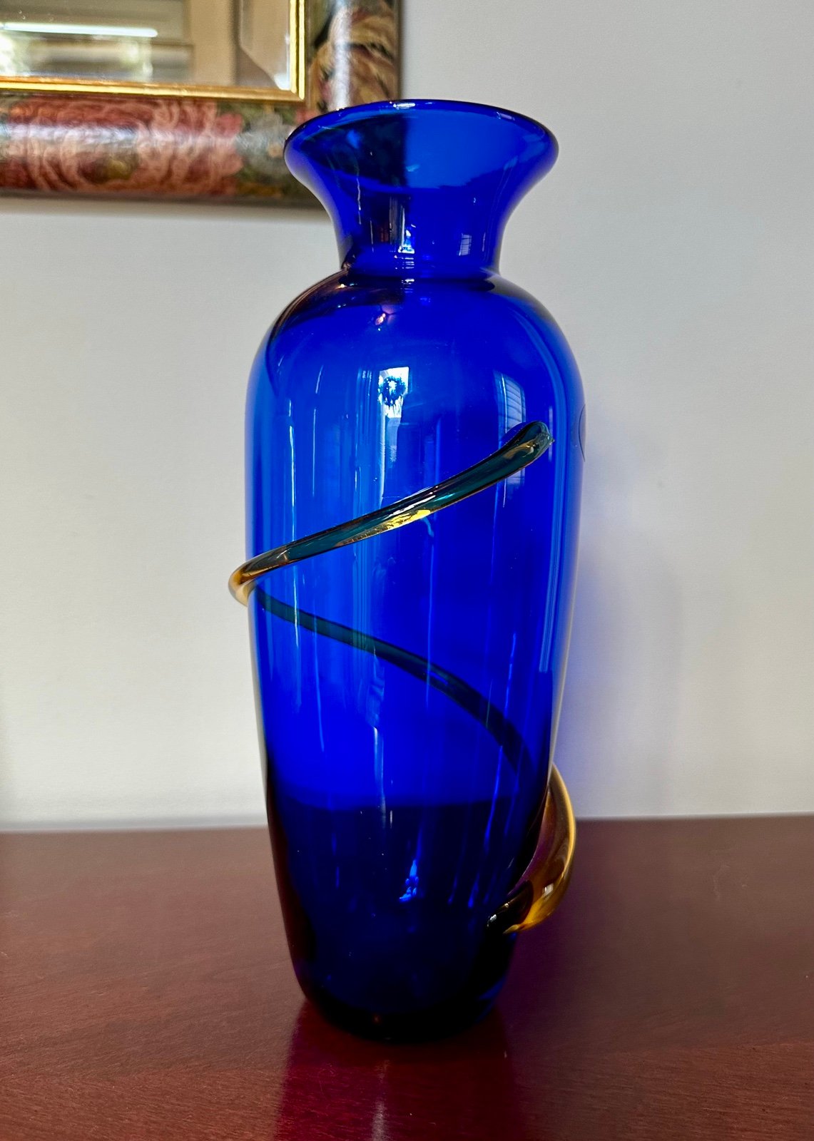 Blenko Vintage Cobalt Blue Glass Vase With Amber Swirl-Signed By Richard Blenko