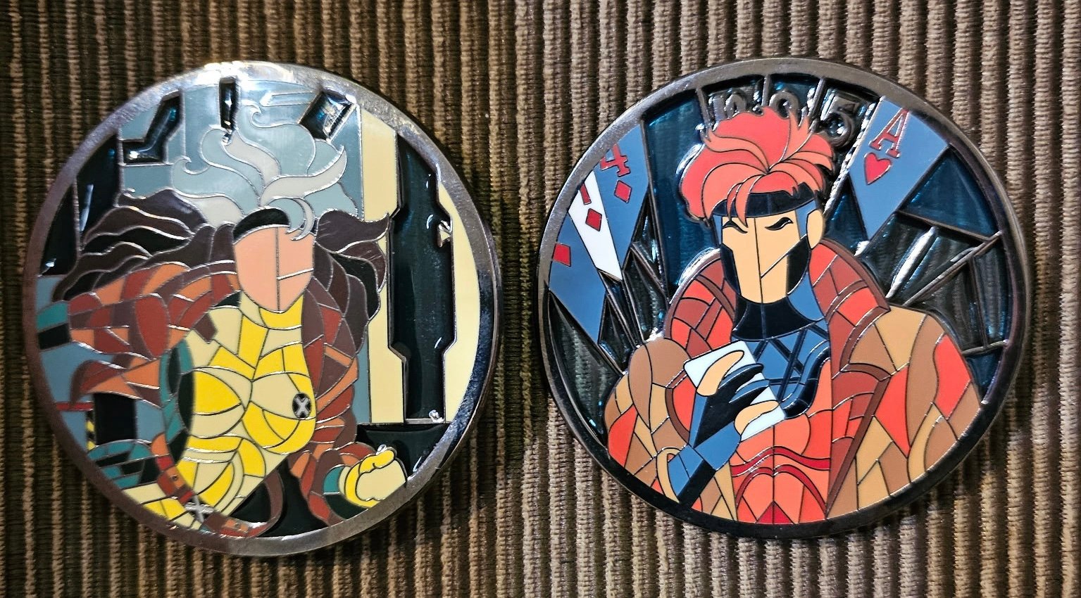 Rogue and Gambit pins made by Sleigher Studios