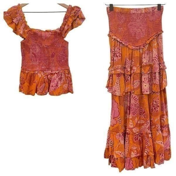 House of Harlow 1960 Orange and Pink Smocked Ruffle Tiered Maxi Skirt Top Set XS