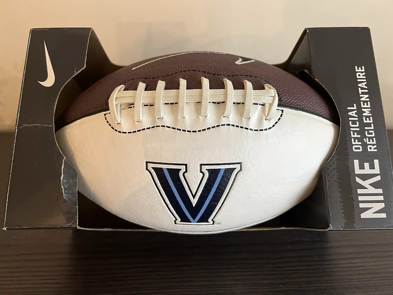 NEW NIKE OFFICIAL COLLEGE SIZE LEATHER FOOTBALL VILLANOVA WILDCATS WHITE BROWN
