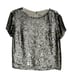 Alice + Olivia Sequin Top Silver Sarita Short Sleeve Blouse Silver Zip Back S