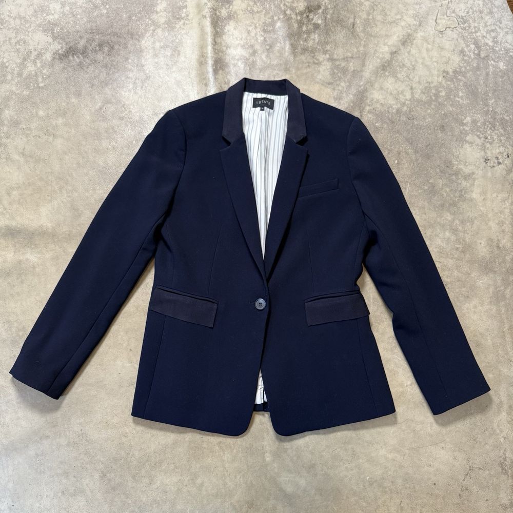 1.State Blazer Womens Size 12 Navy Blue One Button Single Breasted Office Work