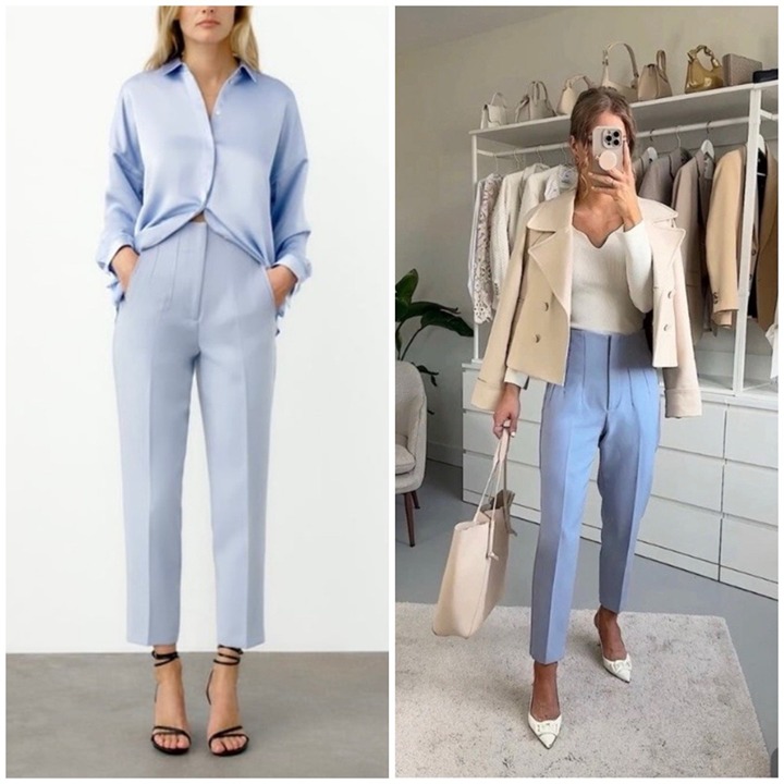 ZARA WOMen’s HIGH-WAISTED PANTS Trousers LIGHT BLUE Small