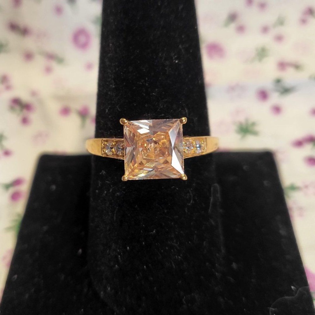 Simulated Champagne and White Diamond 14K YG Over Sterling Silver Ring SZ 9
