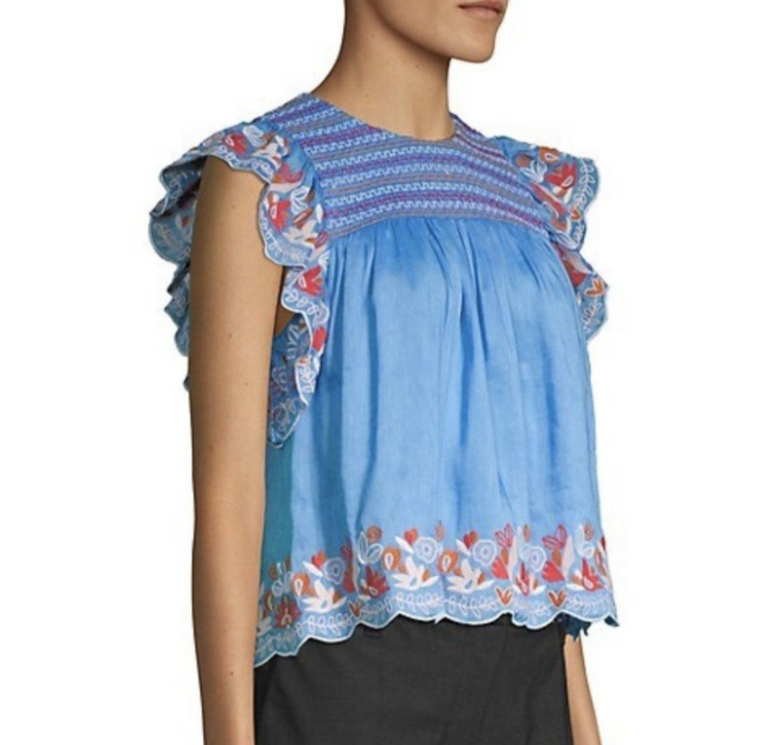AMUR Blue Silk Chambray Floral Embroidered Flutter Sleeve Crop Top
