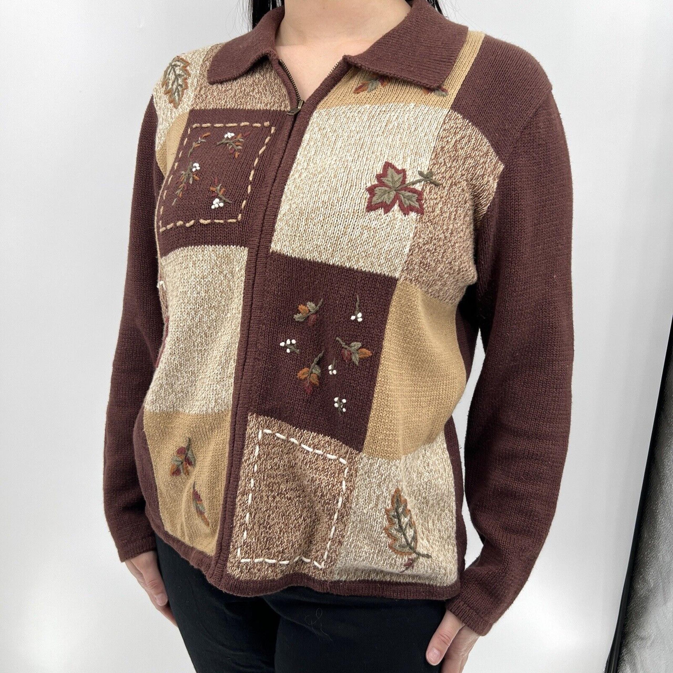 Vintage Designers Originals Zip Brown Leaf Embroidered Sweater Women's Medium