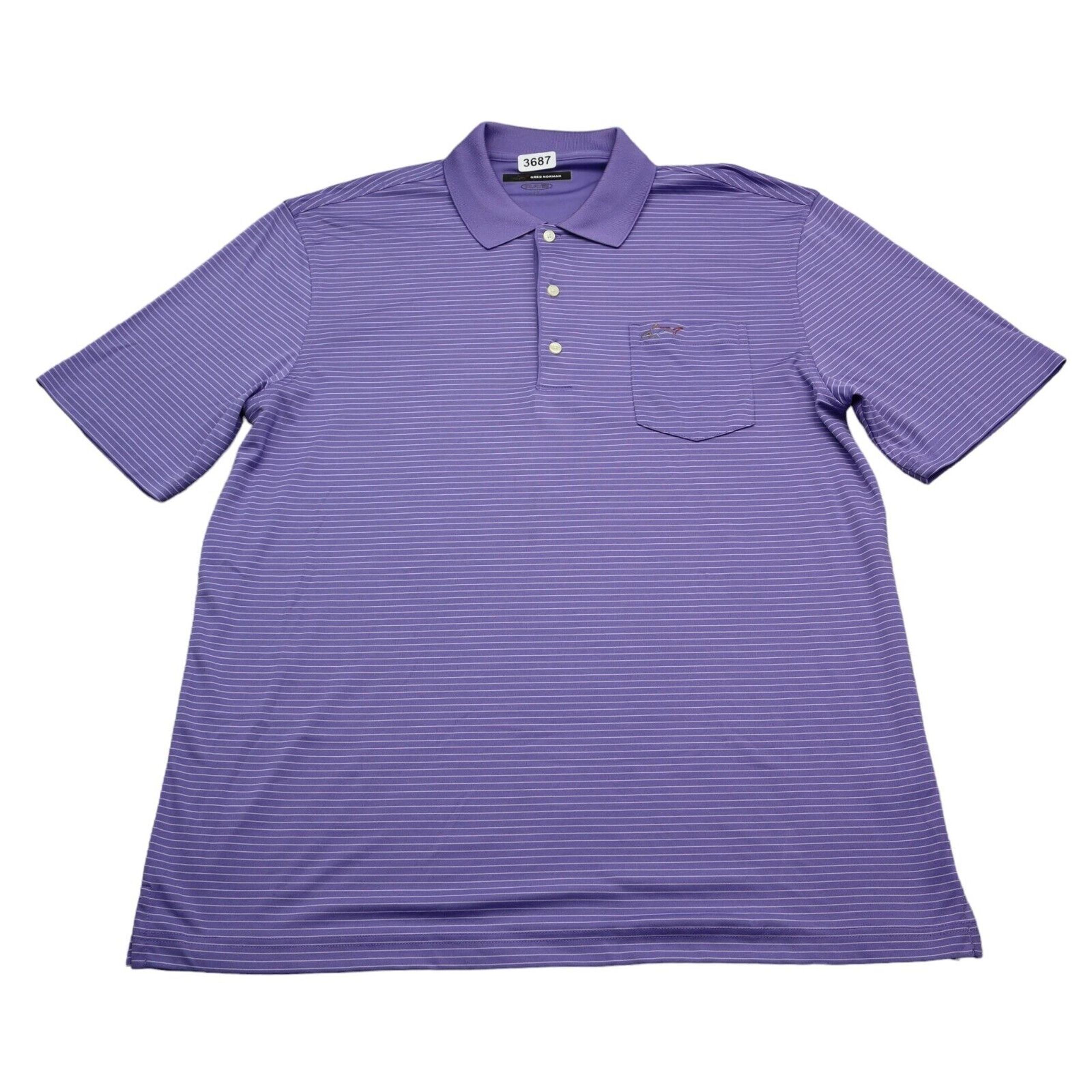 Greg Norman Shirt Men Large Purple Striped Polo Golf Play Dry Camp Golfing Light