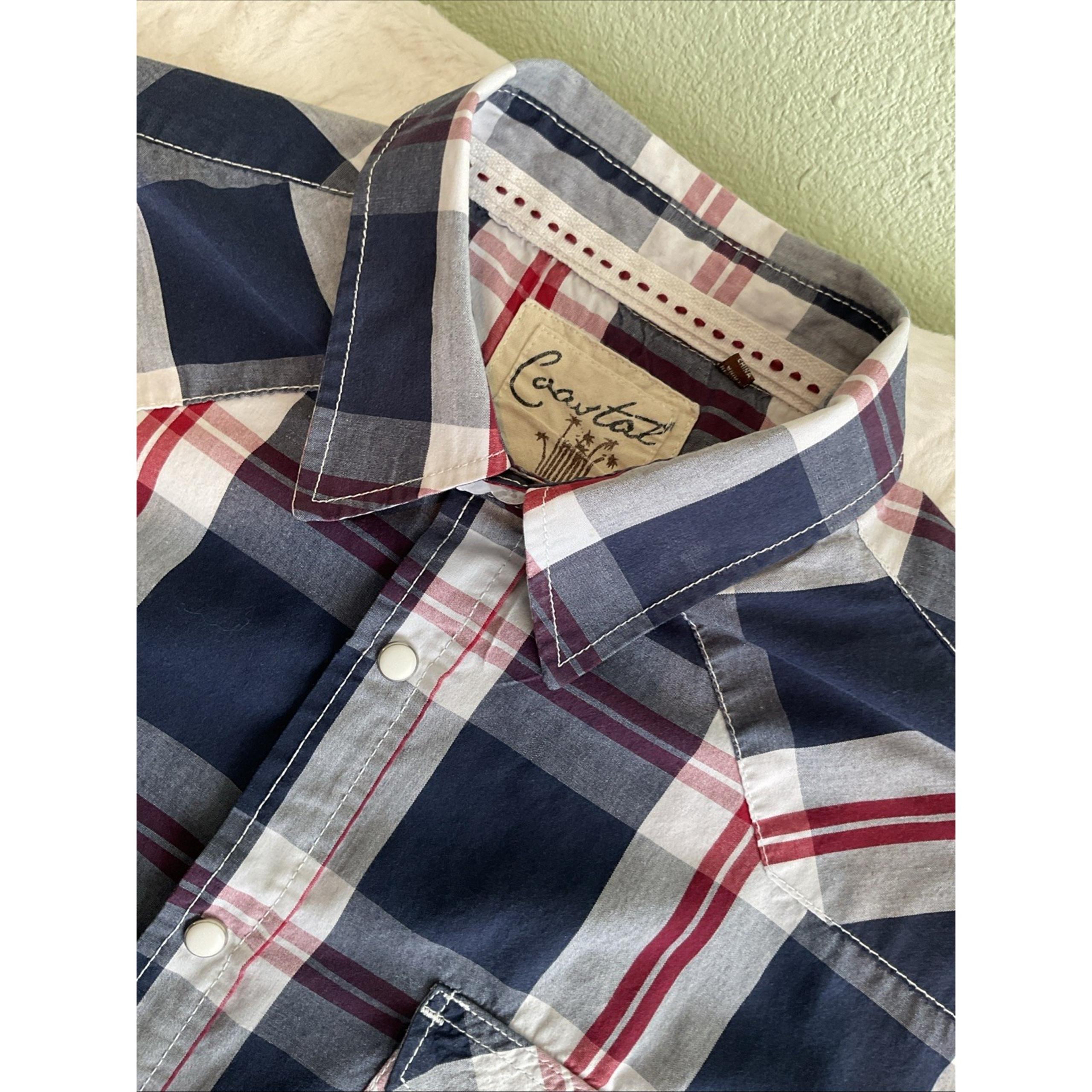 Coastal Clothing RIO Mens Short Sleeve Shirt XL  Blue Plaid Pearl Snap Buttons