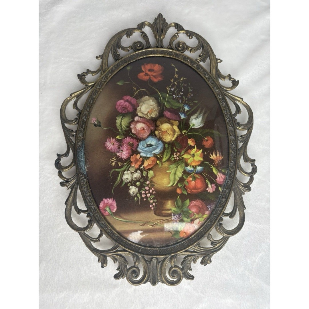 Vintage Convex Bubble Glass Ornate Oval Brass Picture Frame Floral Print ITALY