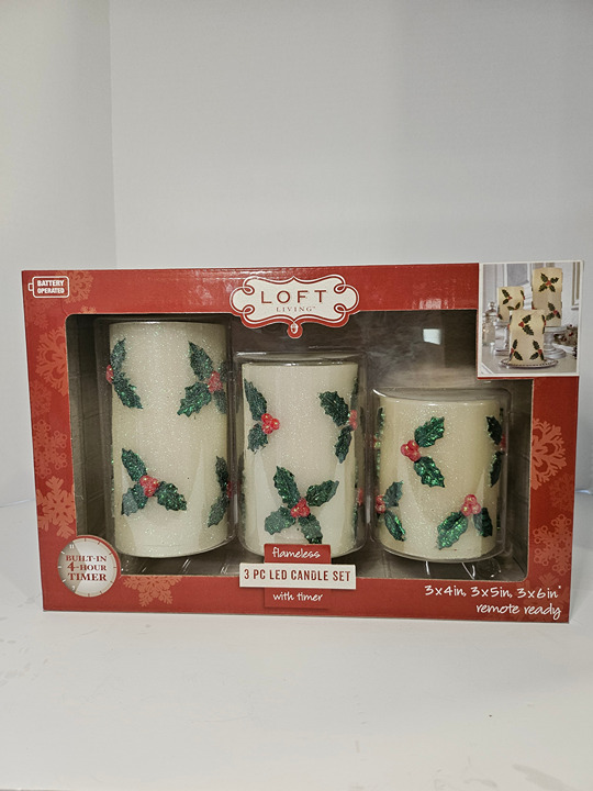 Loft Living Holly Berry Glittered 3 Piece LED Pillar Flameless Candle Set
