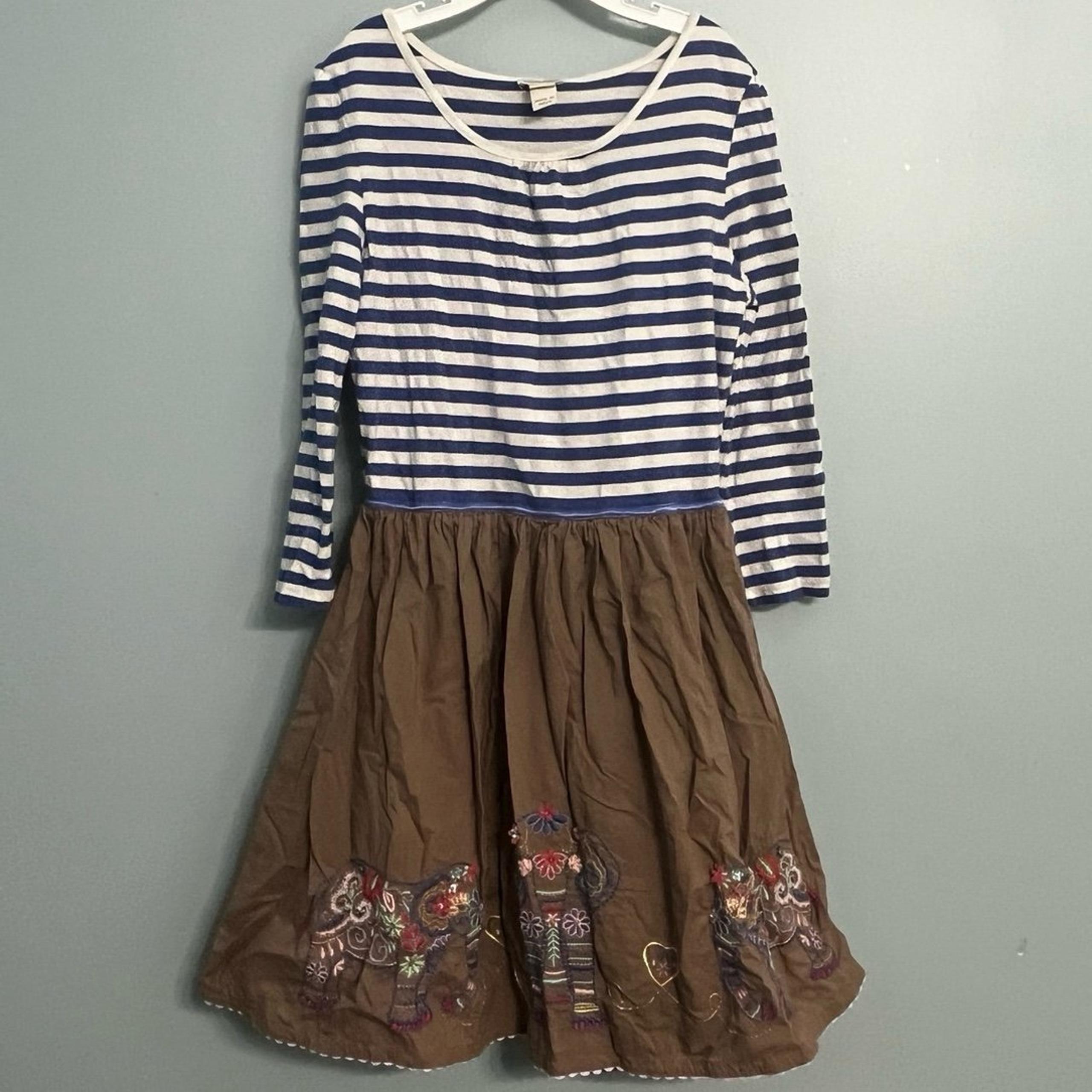 Girls Size 12-13 Monsoon Blue Stripe Bali Elephant Long Sleeve Dress