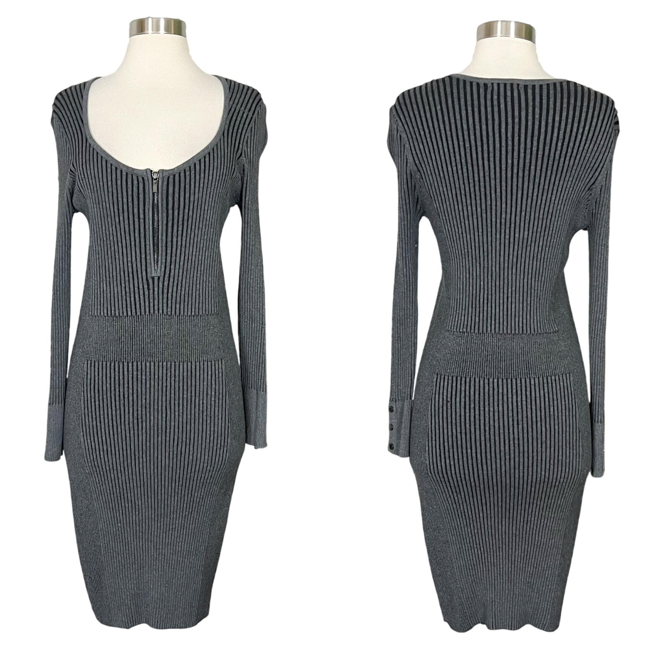 Cache | Vintage Y2K Grey Ribbed Knit Fitted Zip Long Sleeve Sweater Dress L EUC