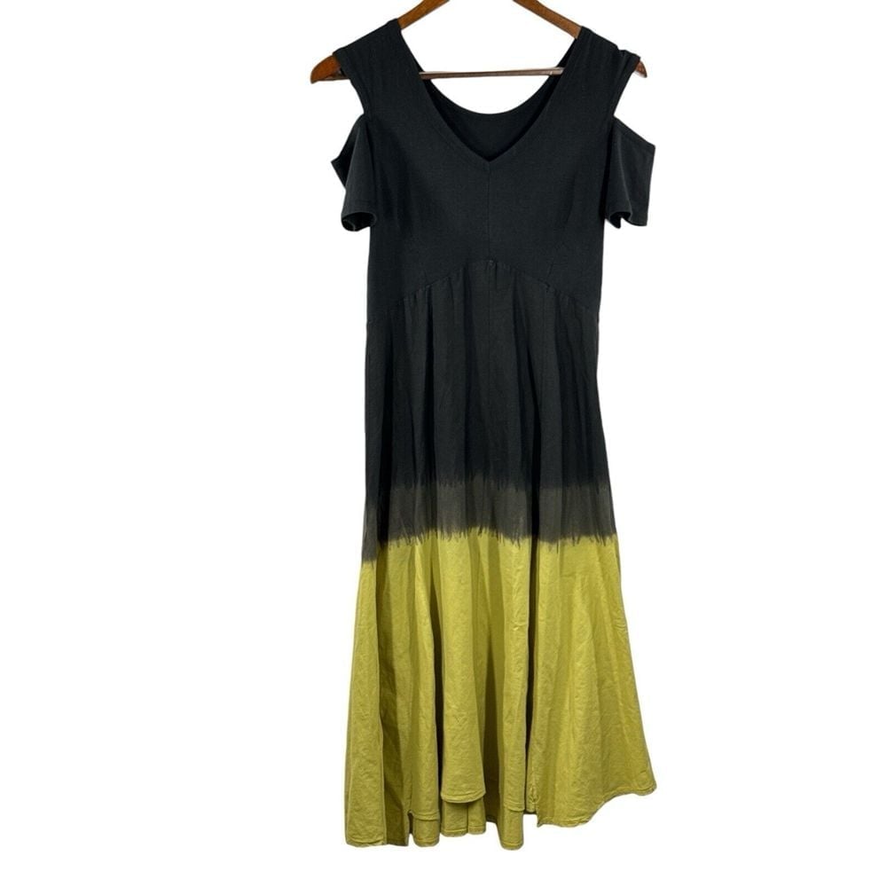 Luna Luz Tie Dye Dress for Women -Cold Shoulders, Size S, Black to Green Vintage